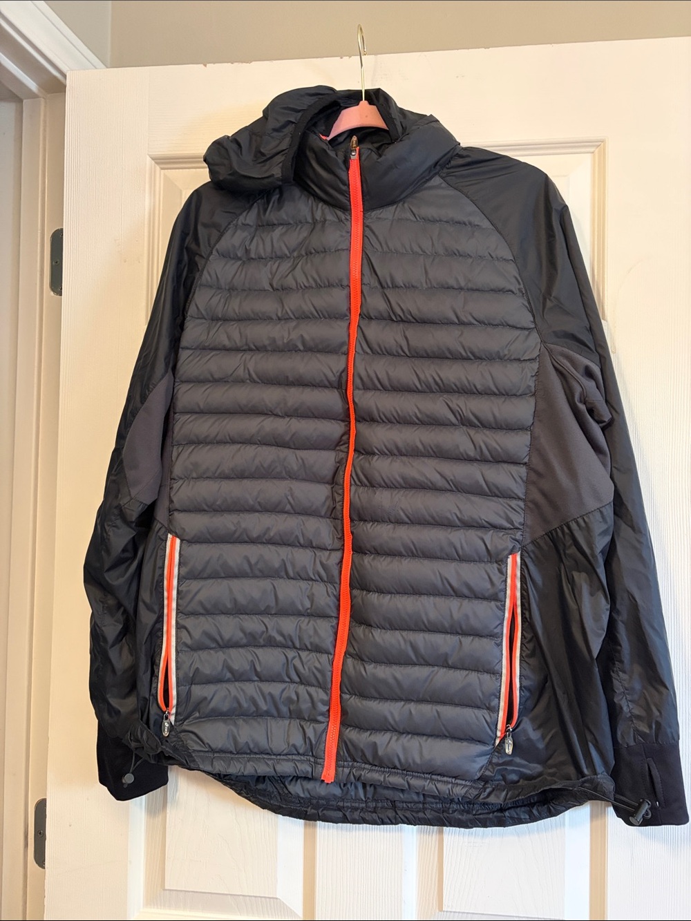 Men's Lightweight Hooded Quilted Jacket in Dark Gray with Orange Trim